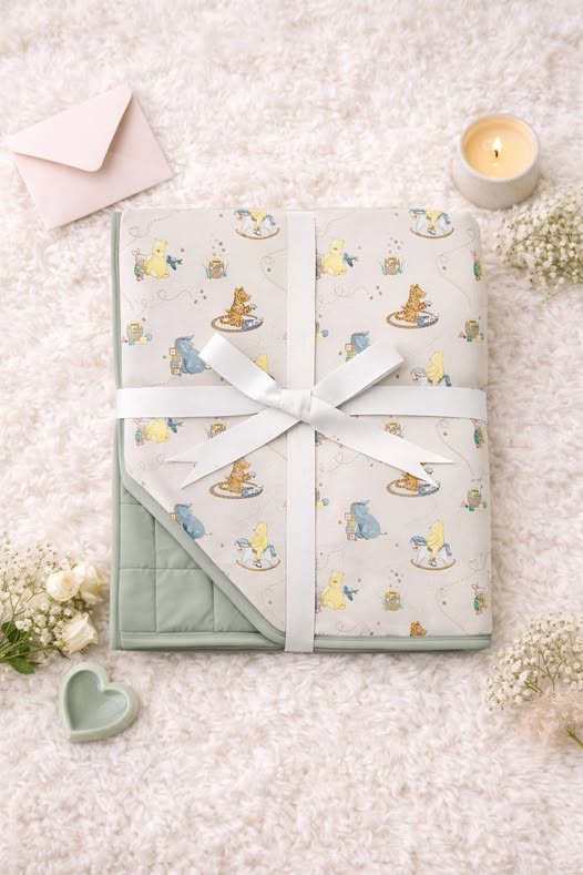 Bamboo blanket for adult gift set with a white ribbon on a textured surface with flowers and a candle.